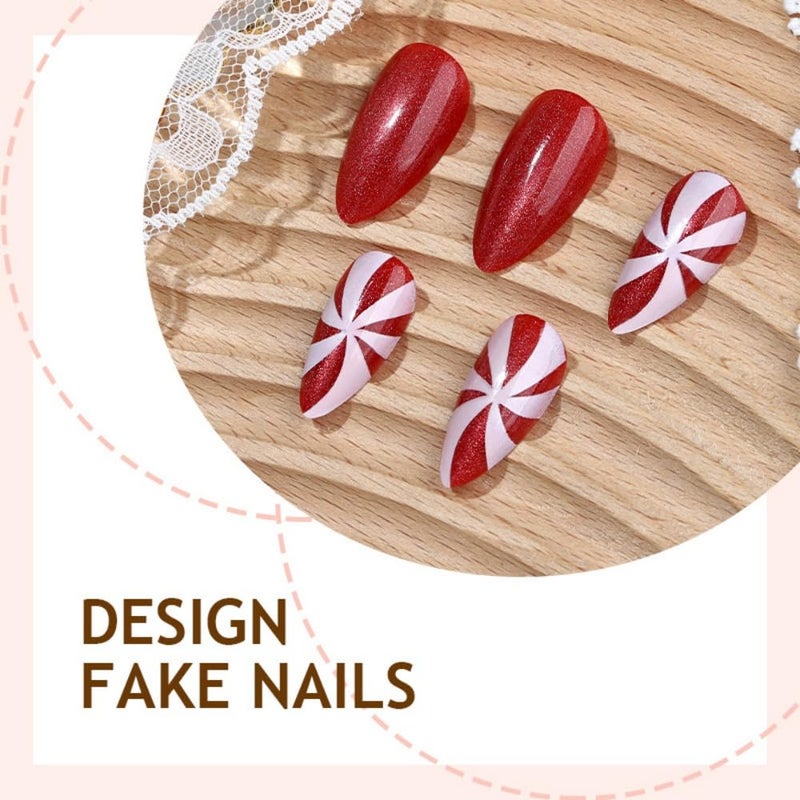 Sevgob Christmas Press on Nails Medium Almond Nails Press on with Cute Candy Design Glossy Red Glitter Glue on Nails Cat Eye False Nail Reusable Full Cover Winter Xmas Fake Nail for Women Manicure 24Pcs - Image 3